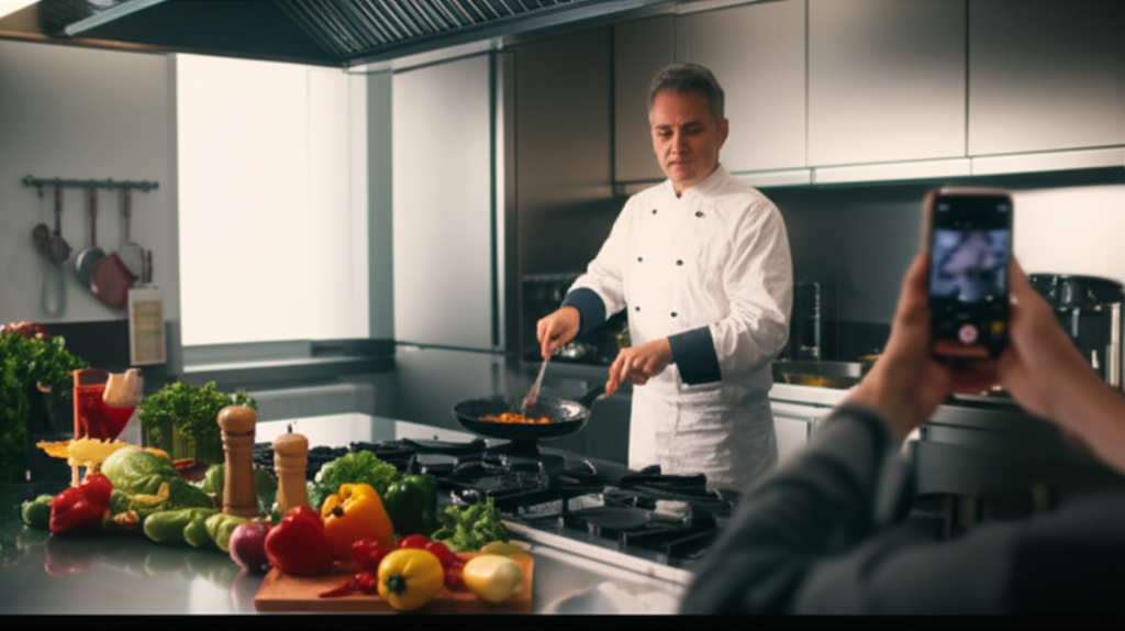 Mike cooking while recording a TikTok video